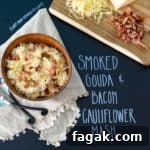 Smoked Gouda and Bacon Cauliflower Mash with title written on chalkboard