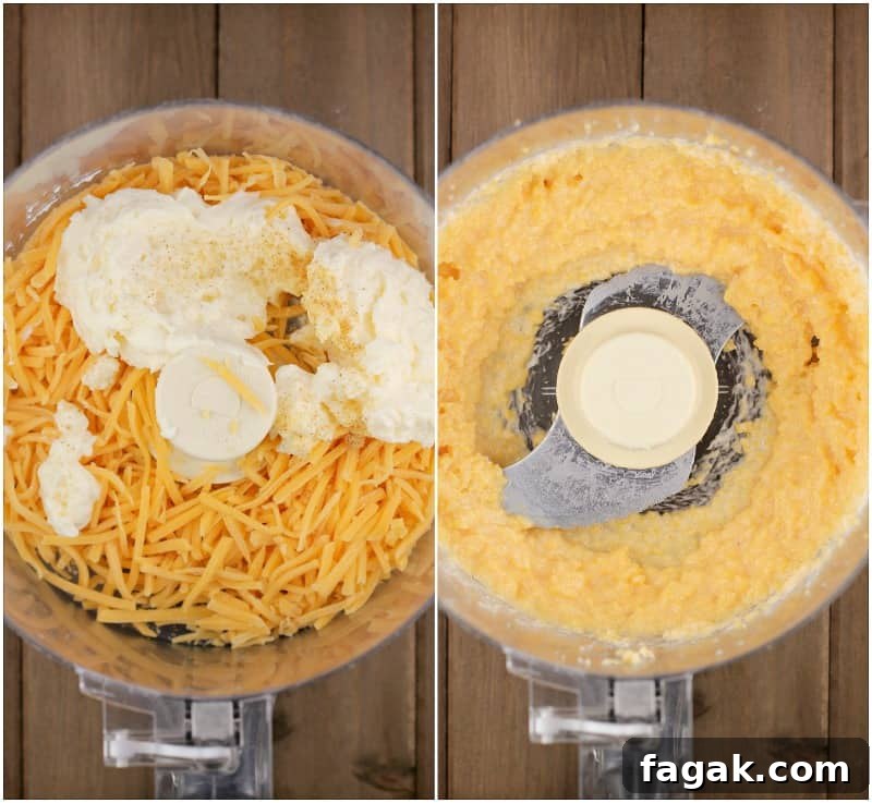 collage of 2 photos: left, cheese and mayonnaise in a food processor; right, smooth mixture after blending in the food processor