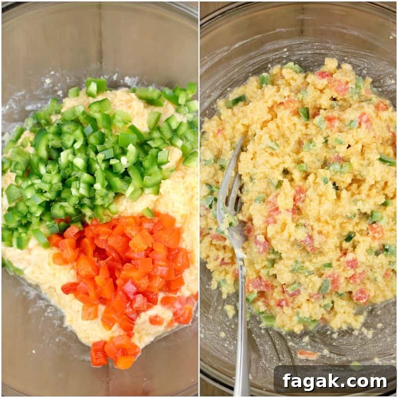 collage of 2 photos: left, blended cheese, jalapeno, and pimento added to a glass bowl; right, the same ingredients after mixing with a fork