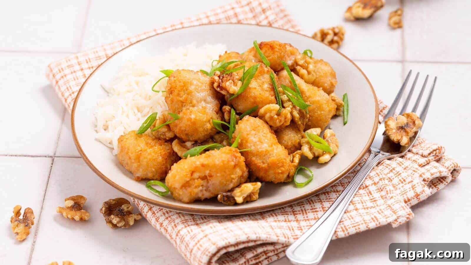 16 Light and Satisfying Shrimp Recipes for Quick Weeknight Meals 11 Plate of crispy chicken pieces with walnuts and green onions, served next to white rice on a patterned cloth with a fork.