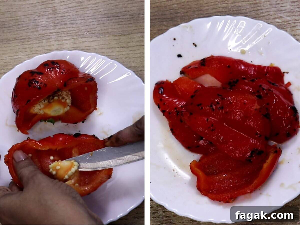 A collage of two images. The first shows a knife removing seeds and discarding the stem from a roasted bell pepper. The second shows the deseeded and destemmed bell pepper, now cut into pieces.