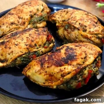 4 mediterranean stuffed chicken. Juicy chicken breast stuffed with spinach, bell peppers, garlic, feta cheese, and herbs.
