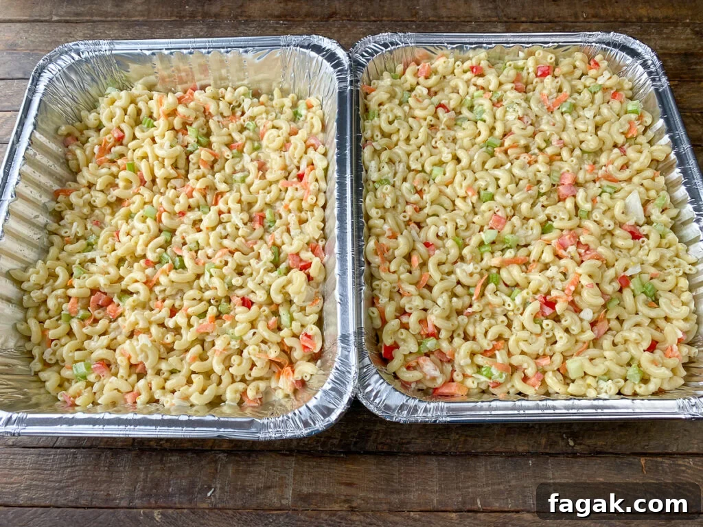 Large double batch of macaroni salad for a crowd in two disposable aluminum pans