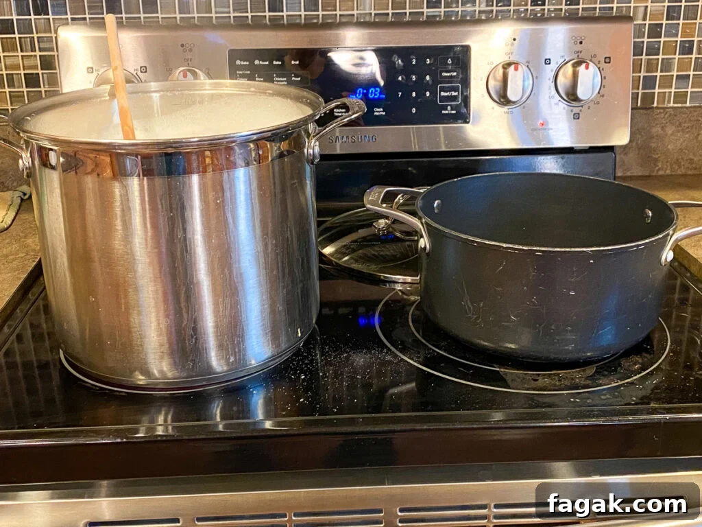 Extra large stock pot with long handled spoon next to smaller black stock pot on the stove