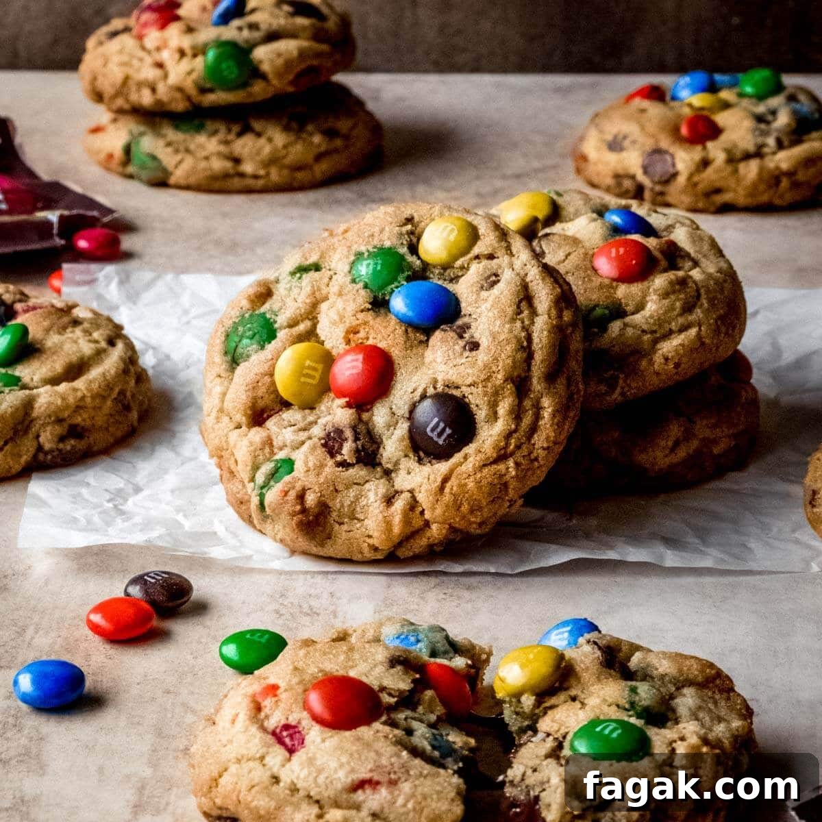 Chocolate chip M&M cookies stacked together.
