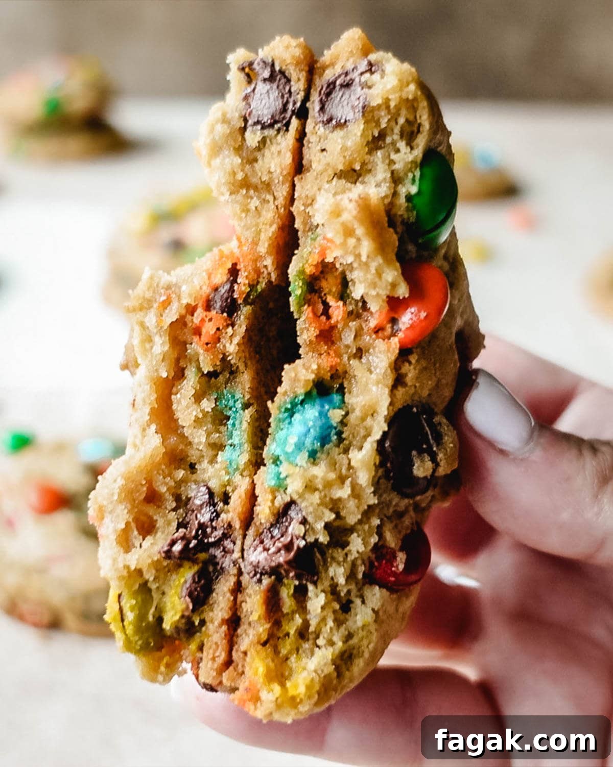 Hand holding up two halves of an M&M chocolate chip cookie to show the inside of the baked cookie.