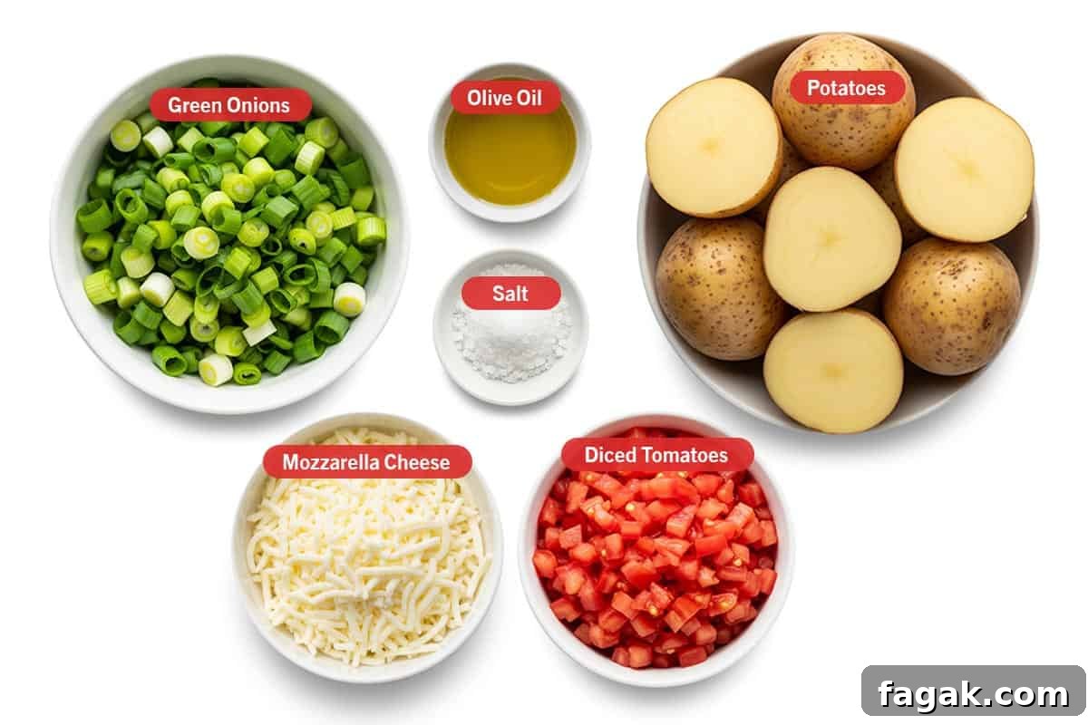Top shot of ingredients: Green onions, olive oil, salt, Potatoes, mozzarella cheese, diced tomatoes.