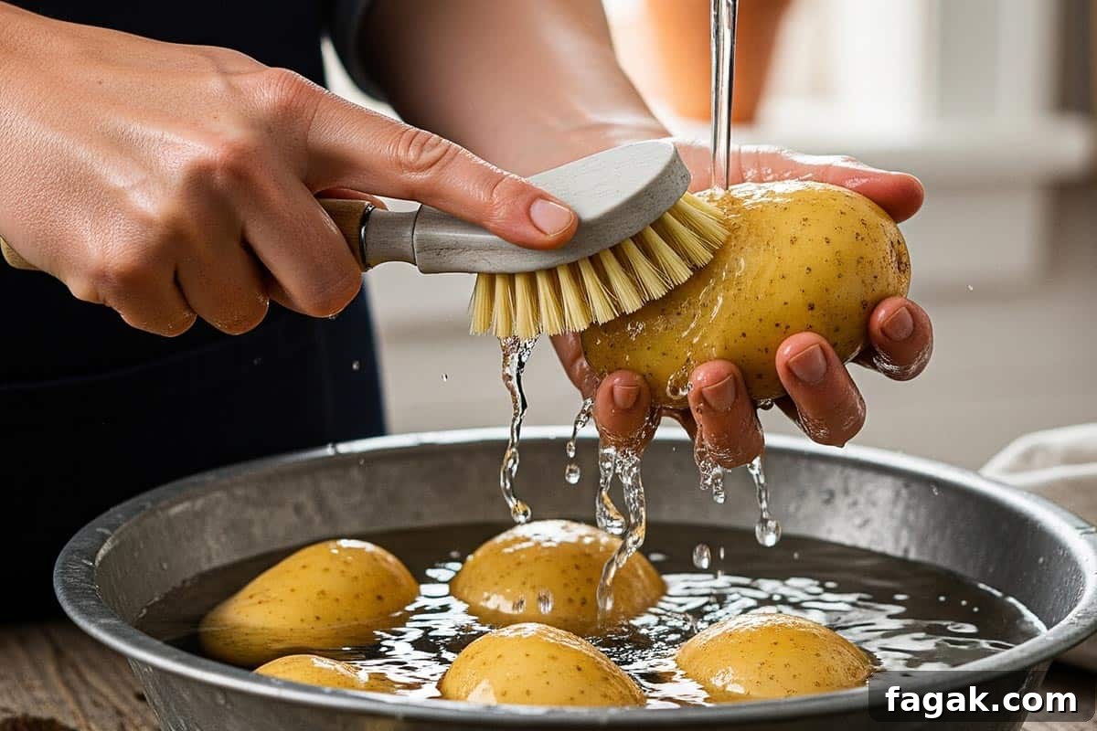 Scrubbing the potatoes well.