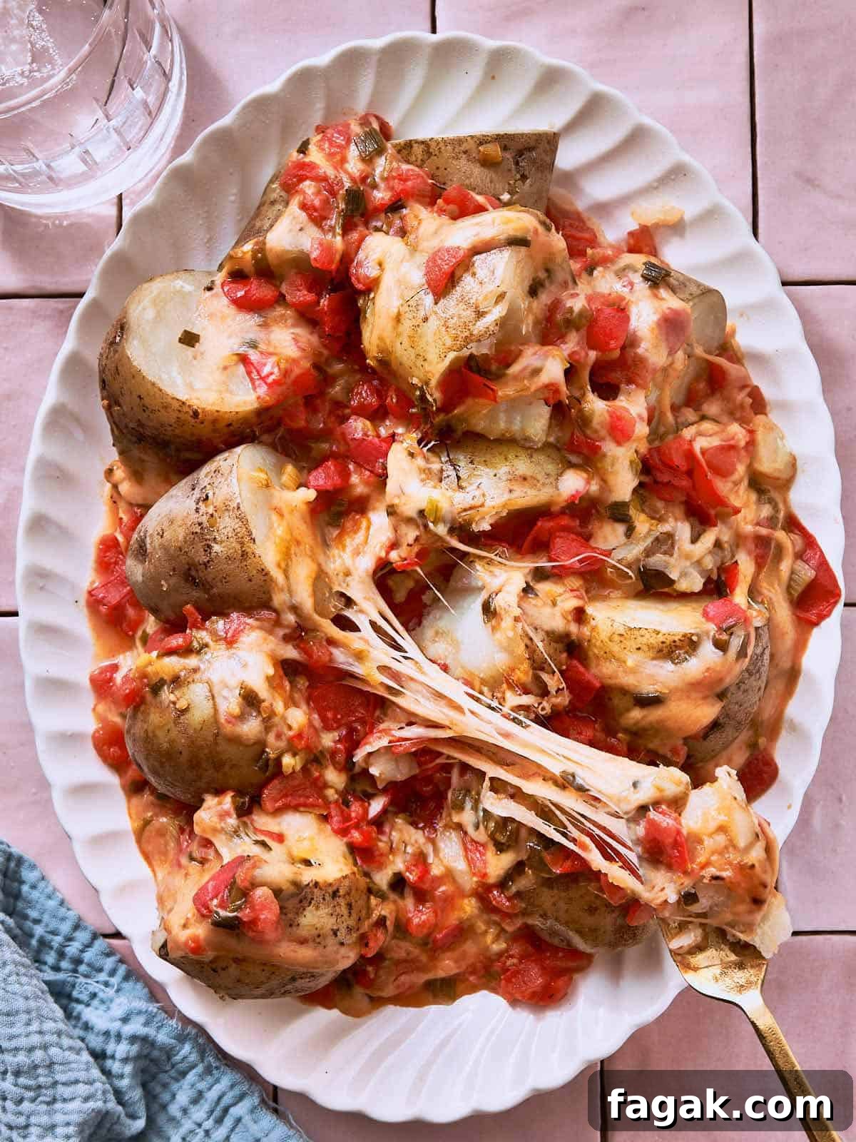 Cheesy potatoes served in a white dish, topped with melty mozzarella, tomatoes, and green onions, with a golden fork lifting a gooey cheese pull.