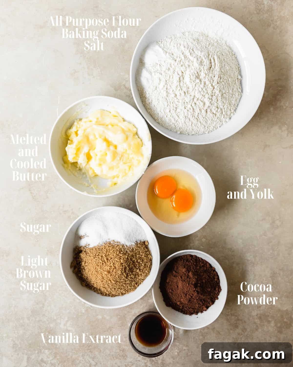 Dry Ingredients: Gather all purpose flour, baking soda and salt. Wet Ingredients: Gather melted and cooled butter, light brown sugar, granulated sugar, an egg and egg yolk, vanilla extract and cocoa powder.