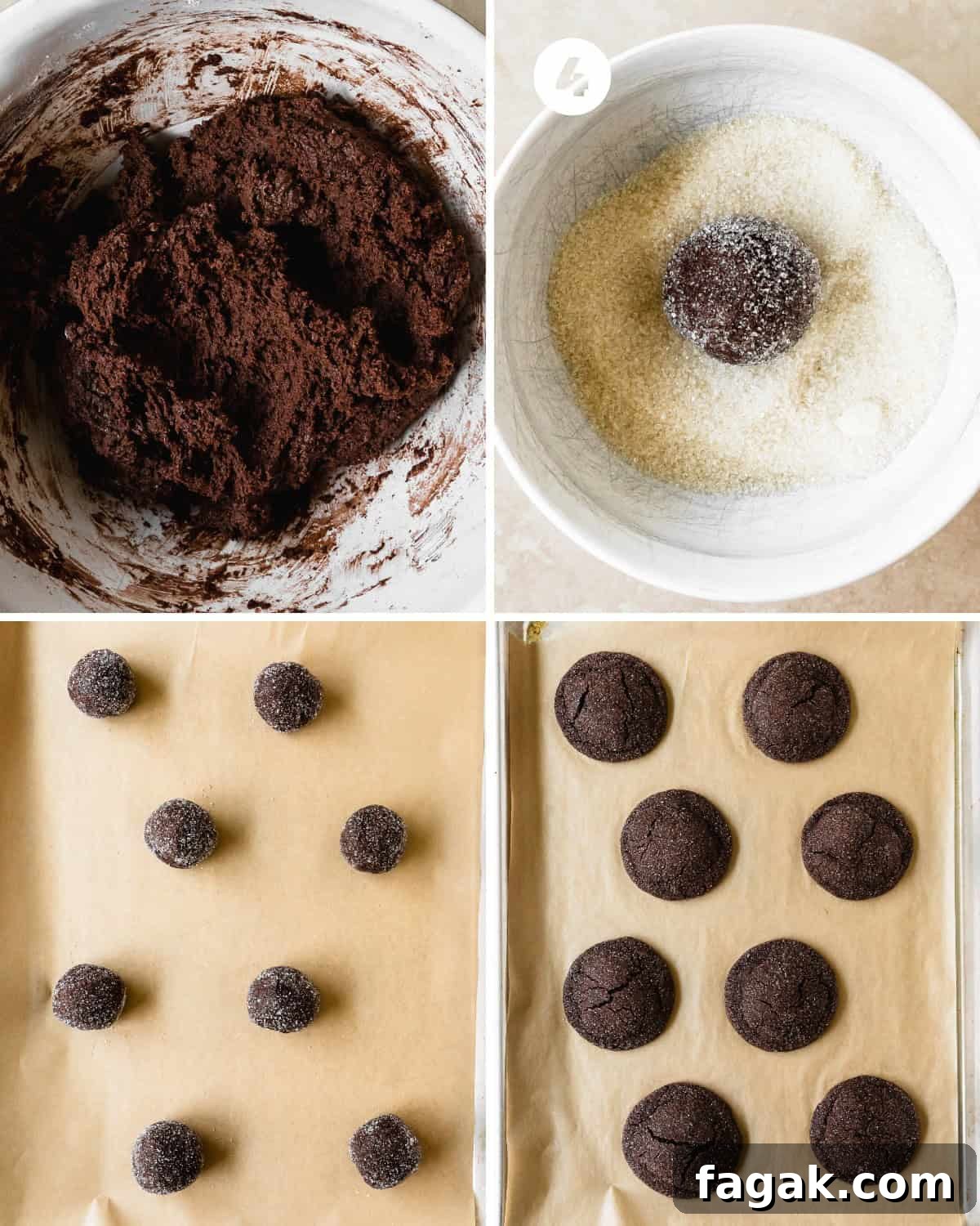 Preheat the oven to 350 F (177 C) for about 20-30 minutes before baking the cookies. Line a large baking sheet with parchment paper. Pour the sugar into a small bowl and set aside. Using a medium cookie scoop (2 tablespoons, 30 ml), scoop the chocolate sugar cookie dough into the palm of a clean hand. Roll the dough into a ball. Roll the cookie dough ball into sugar and place the cookie dough balls onto the lined baking sheet about 3 inches (8 cm) apart. There should be about 8 cookies per baking sheet. Bake the cocoa sugar cookies at 350 F (177 C) for 10 -12 minutes or until the edges of the cookies are set and the centers are slightly puffed and some cracks have formed across the top of the cookie. Cool the sugar chocolate cookies on the baking sheet for 5 minutes. Then transfer to a cooling rack to cool completely to room temperature and enjoy!