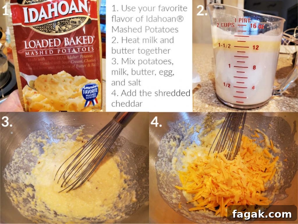 Collage of 4 images showing how to make dough with instant mashed potatoes.