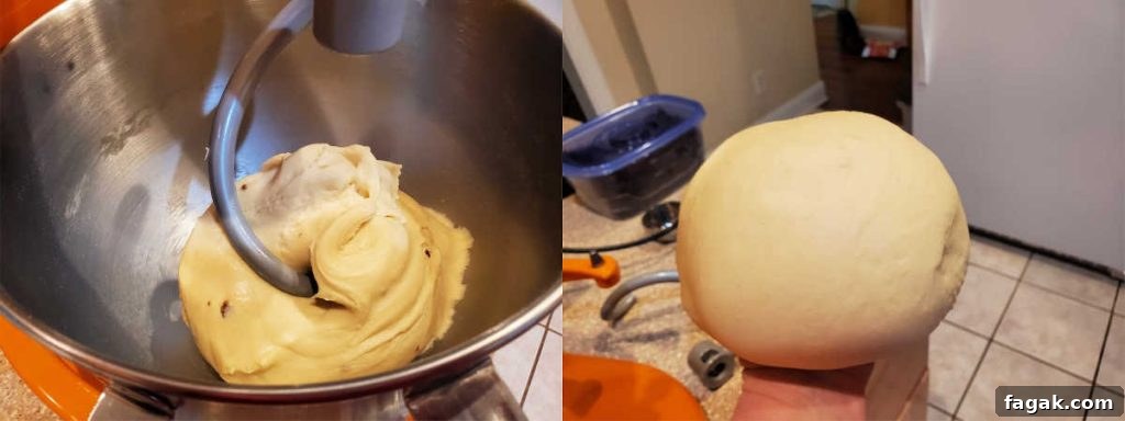 Collage of 2 images showing dough in a mixer and then a ball of dough.
