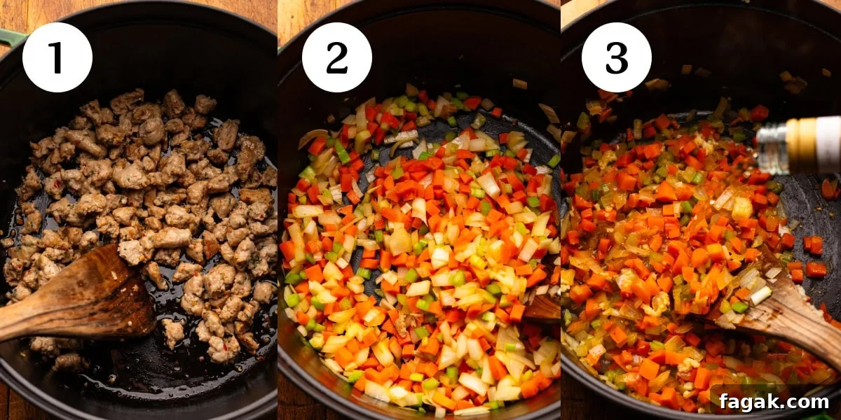 A collage of three photos showing steps one through three for how to make Italian sausage soup.