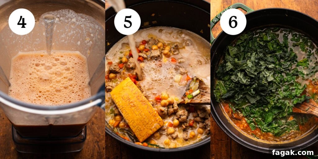 A collage of three photos showing steps four through six for how to make Italian sausage soup.