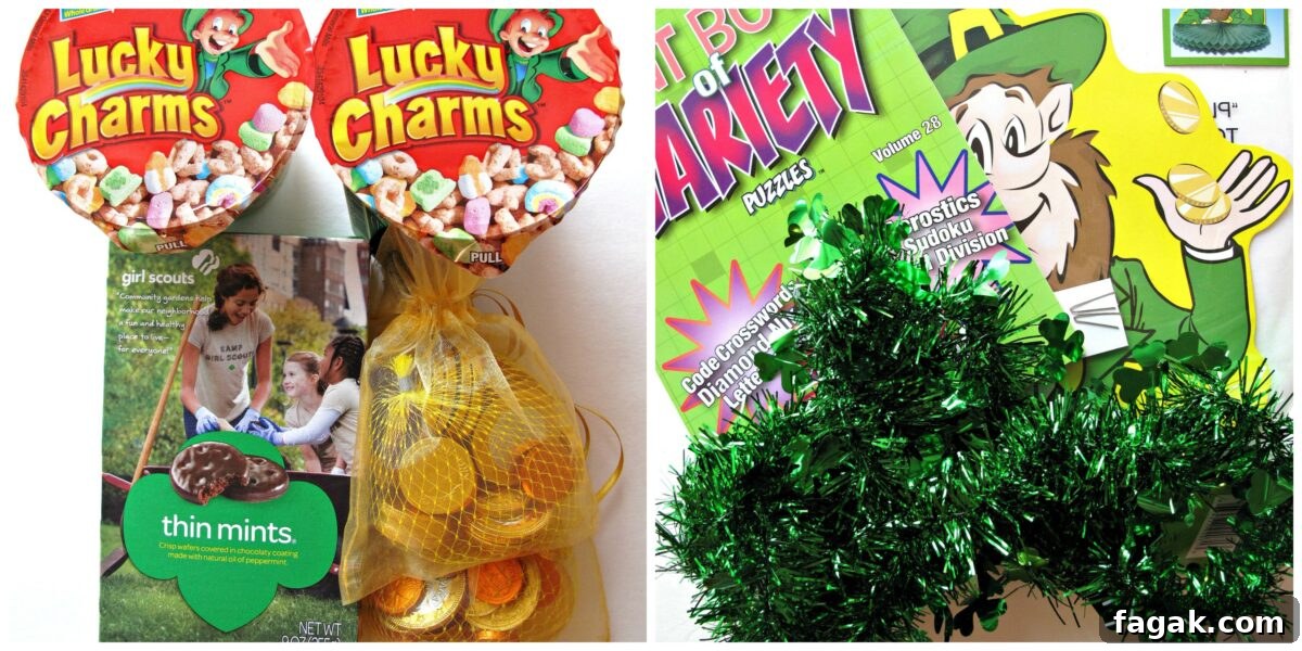 Care Package Contents: cereal, gold chocolate coins, cookies, puzzle books, green garland.