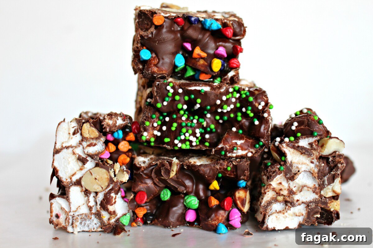 Rainbow's End Rocky Road Candy in a stack.