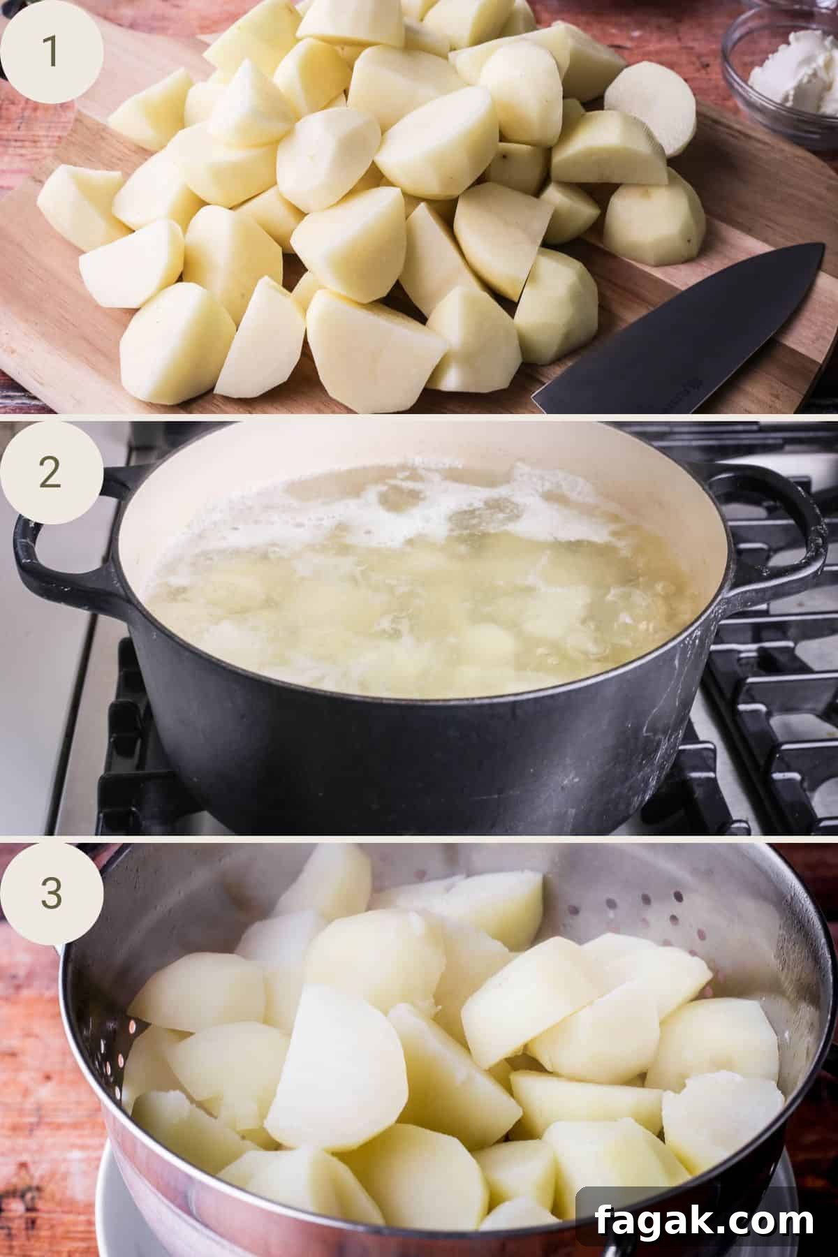 Cut potatoes on a cutting board, cooking in a big saucepan, draining in a colander.