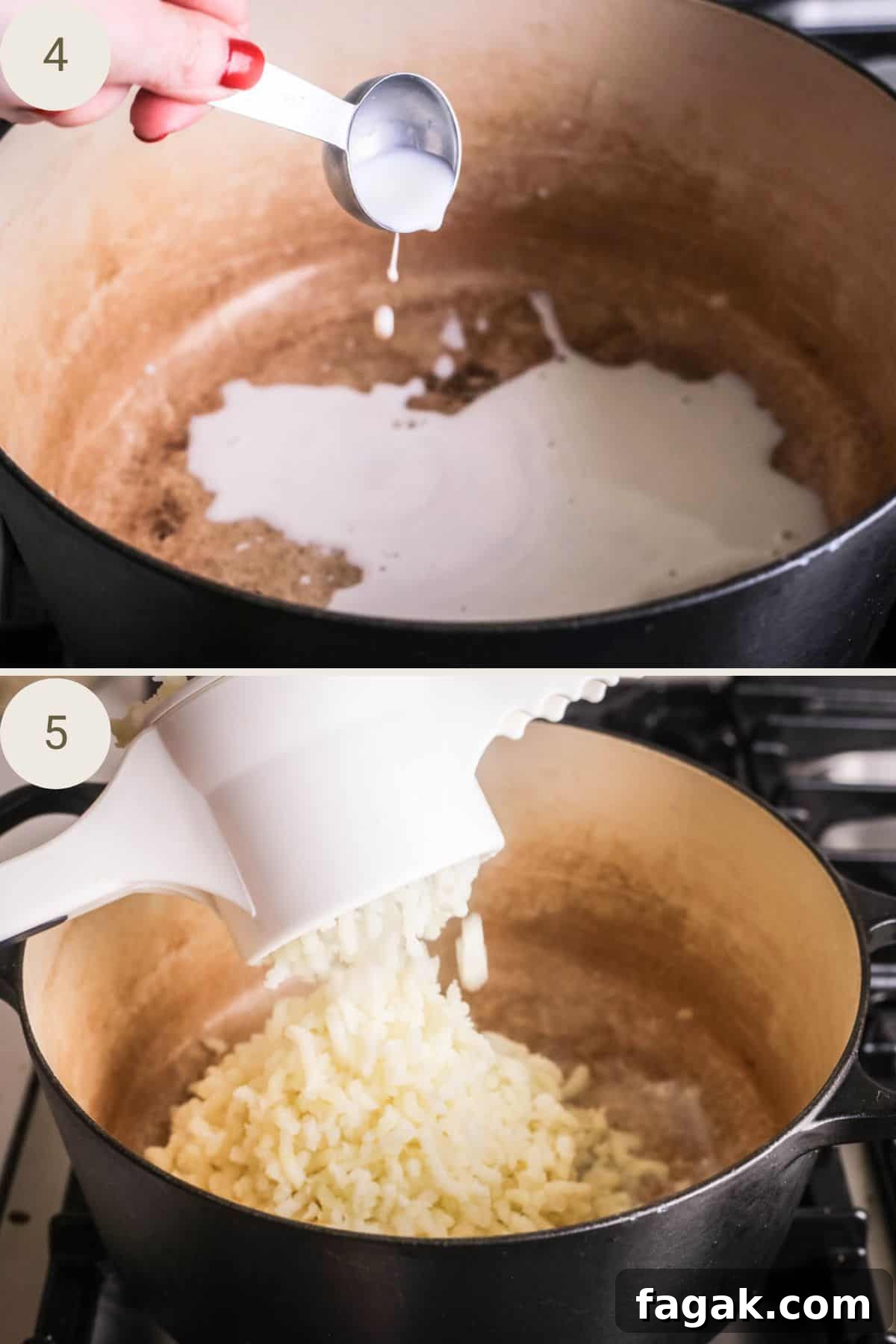 Milk added to warm but empty cooking pot. Potatoes riced into warm milk.