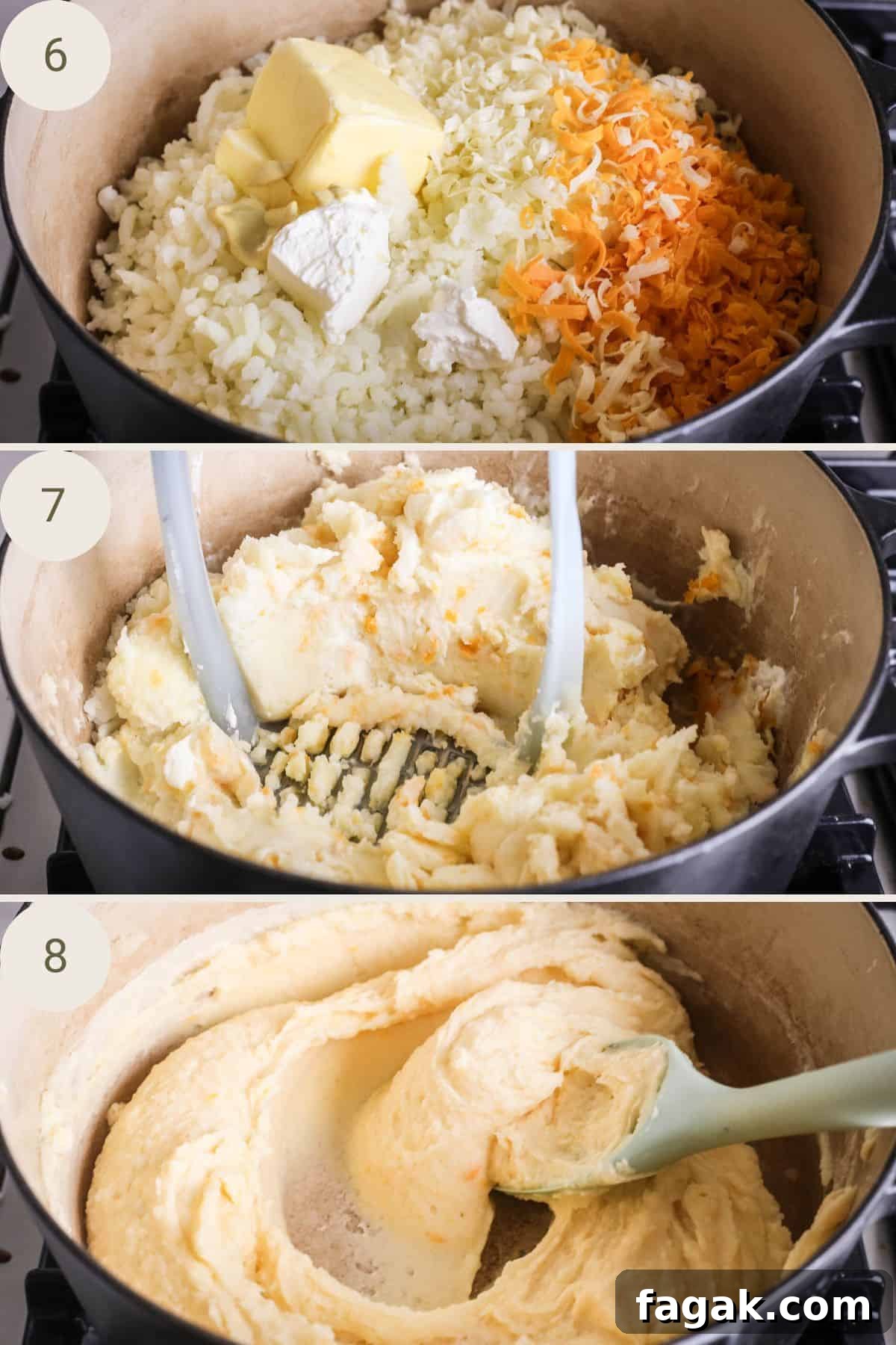Cream cheese, cheddar, red leicester, butter, dijon added to riced potatoes. Lightly mashed with handheld mash and then finished with stirring with a silicone spoon.