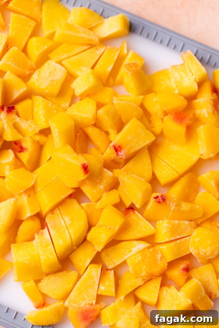 Homemade Peach Pie Filling Recipe for Canning and Baking 4 Chopped peaches on a cutting board.