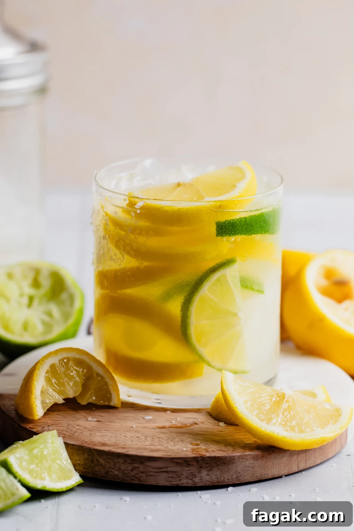 Glass filled with lemon slices and lemon margarita.