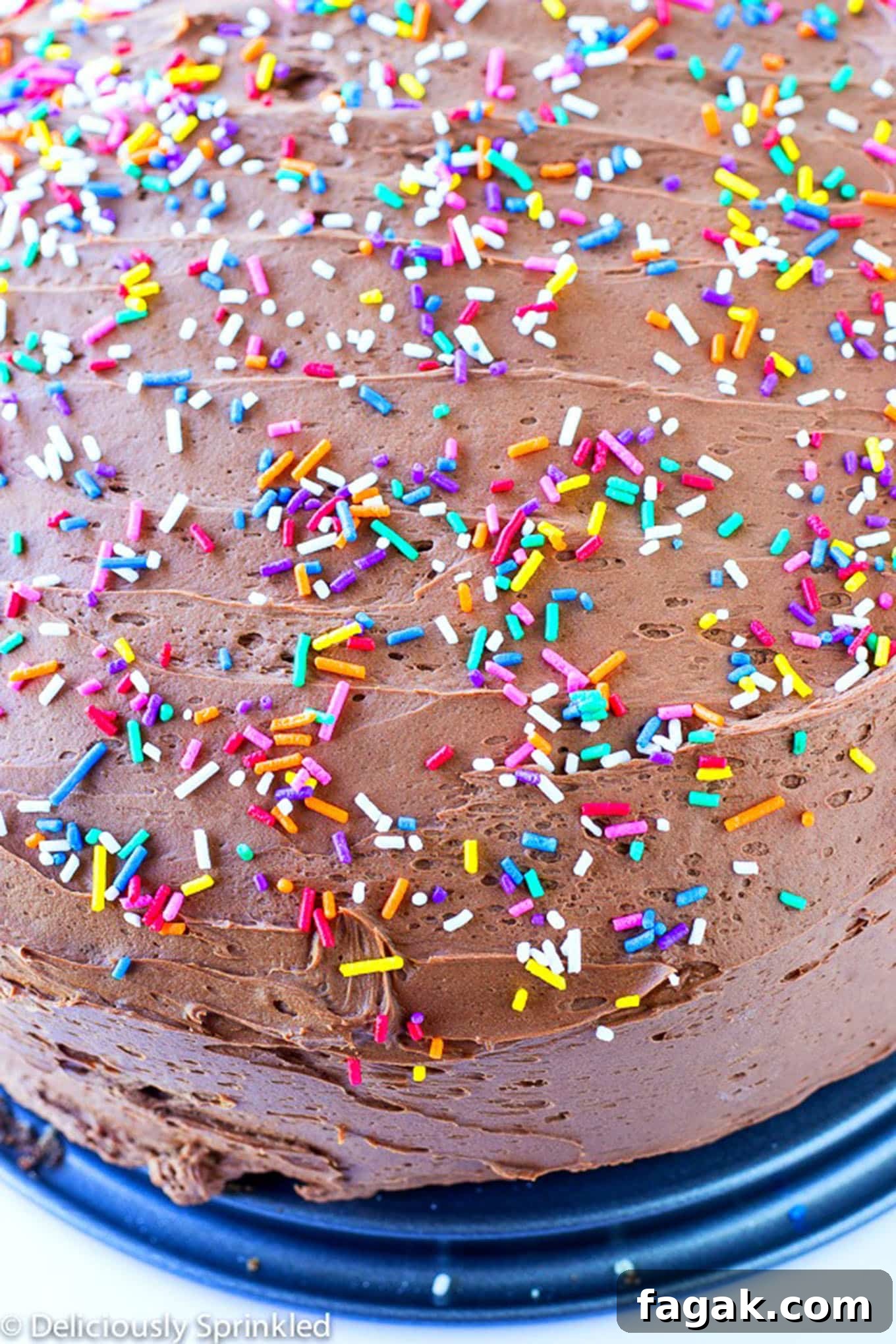 Chocolate frosting spread over a cake with sprinkles added.