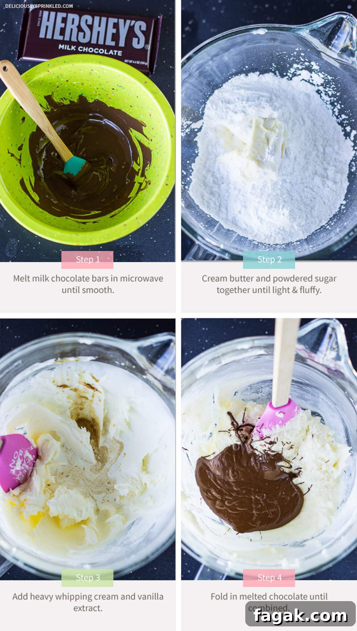 A collage of images showing how to make chocolate frosting from melting the chocolate, beating the butter and sugar, and mixing the rest of everything together.