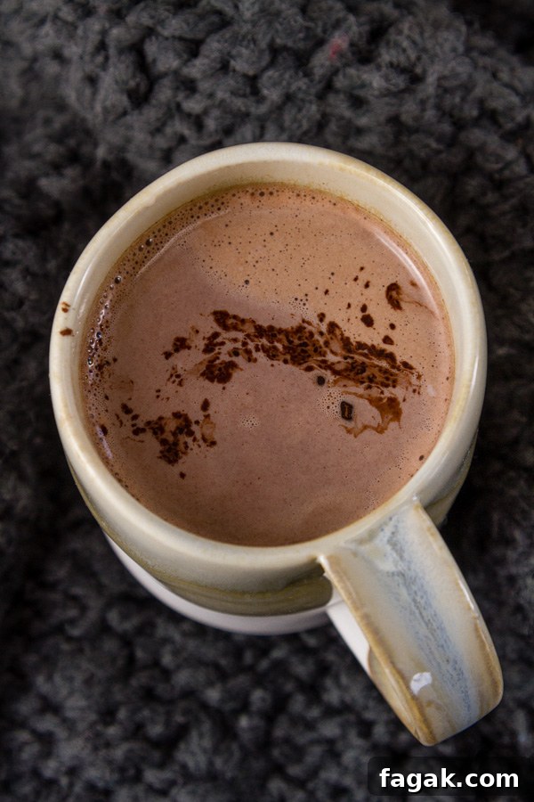 a mug full of hot cocoa topped with a pinch of cocoa on a gray knitted cloth background