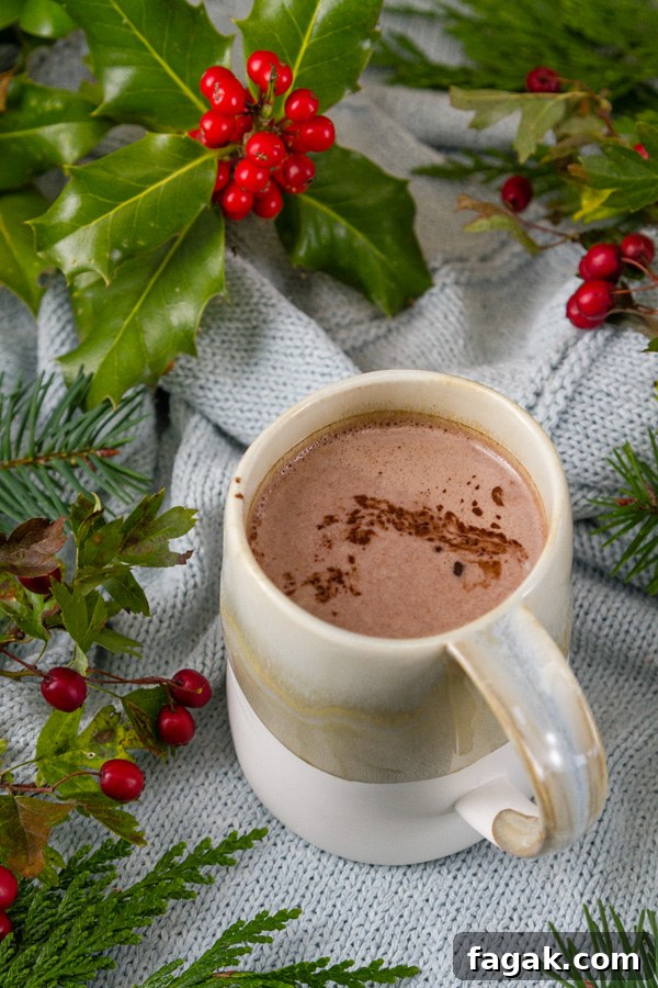 a mug of hot cocoa with holly and evergreens 