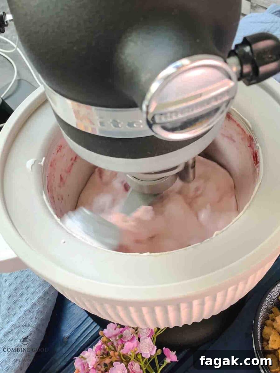 At the beginning of churning the strawberry shortcake ice cream, using an KitchenAid Ice Cream Maker Attachment.