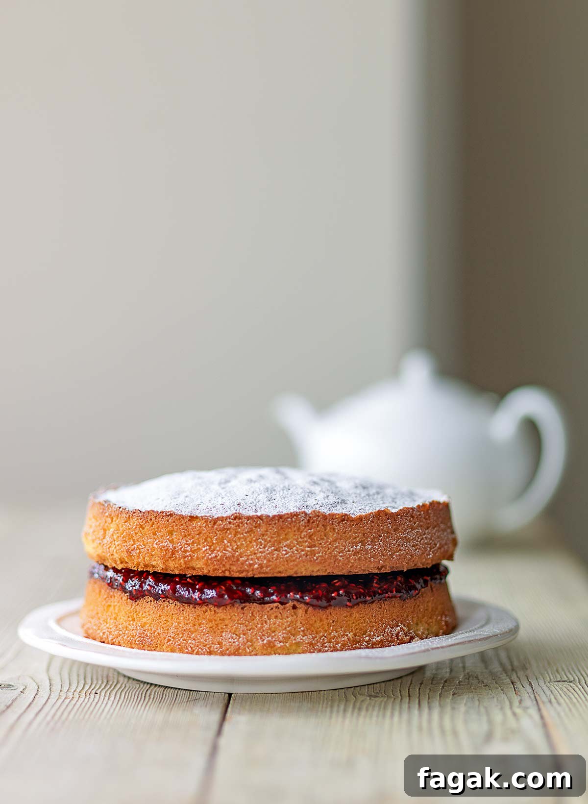 A two-tier Victoria sponge cake with raspberry jam in the middle, all dusted with confectioners' sugar on a white plate with a white teapot in the background