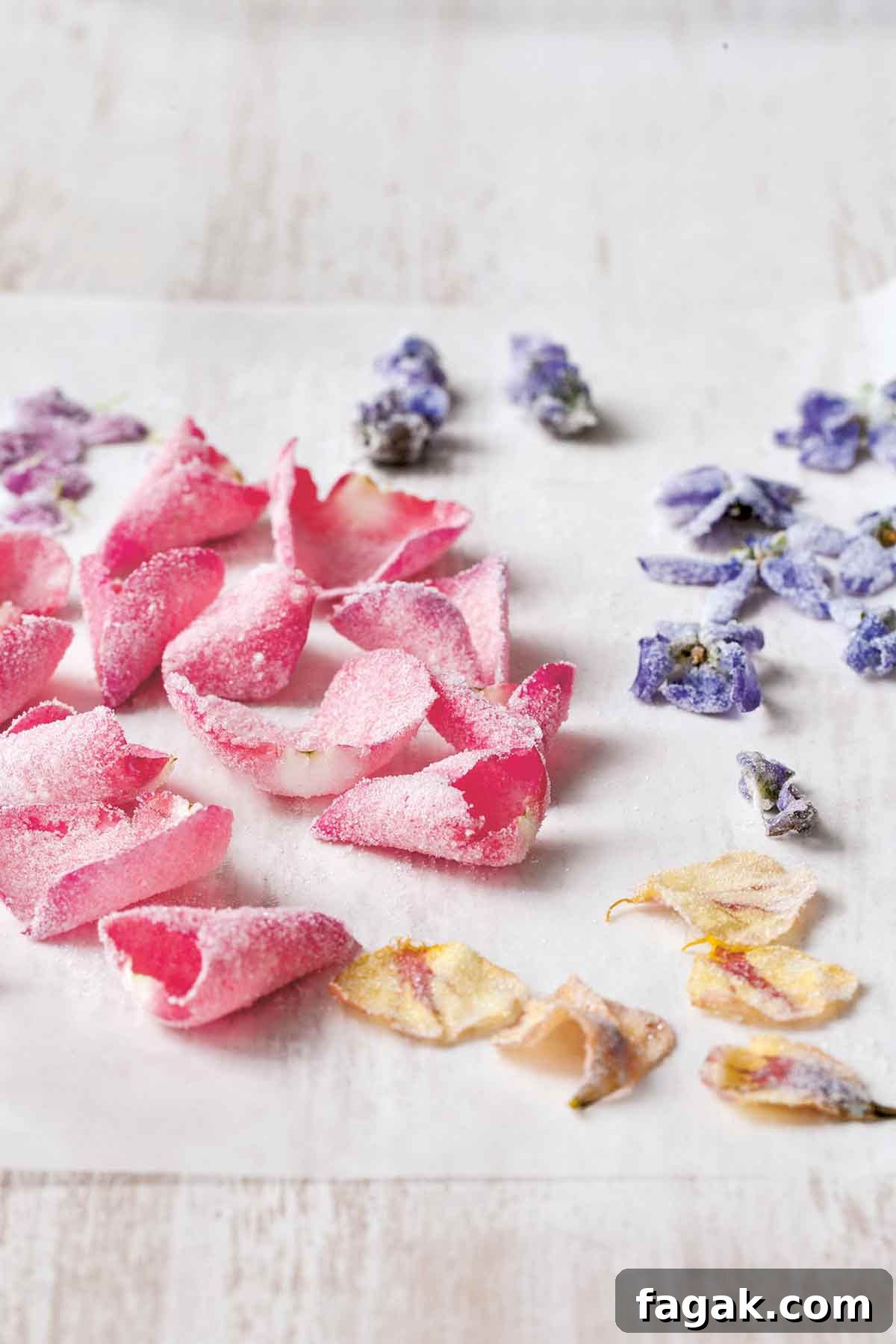 Several varieties of crystallized flowers scattered across a white surface.