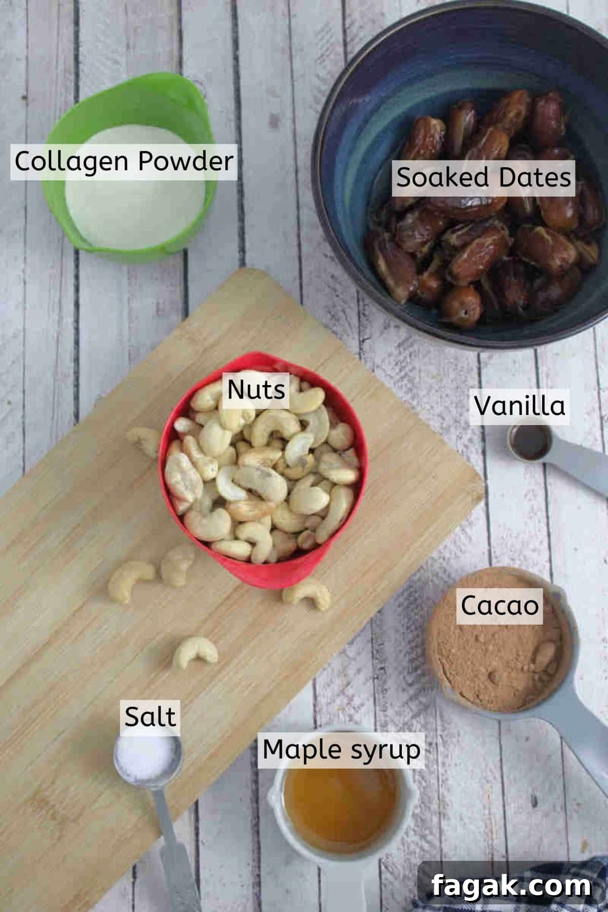 Paleo Dark Chocolate Bliss Balls Recipe for Quick Snacks 3 Ingredients like dates, nuts, cacao, and collagen powder in measuring cups with text labels over top.