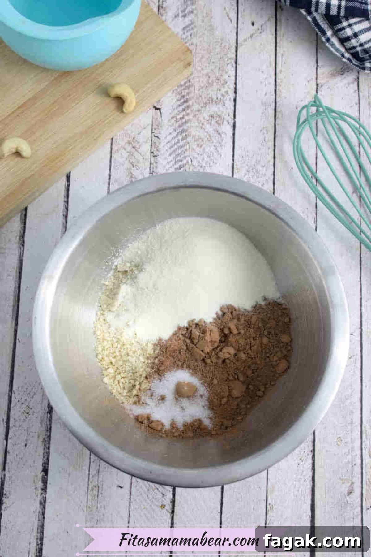 Paleo Dark Chocolate Bliss Balls Recipe for Quick Snacks 5 Steel bowl with collagen powder, cacao, and cashews.