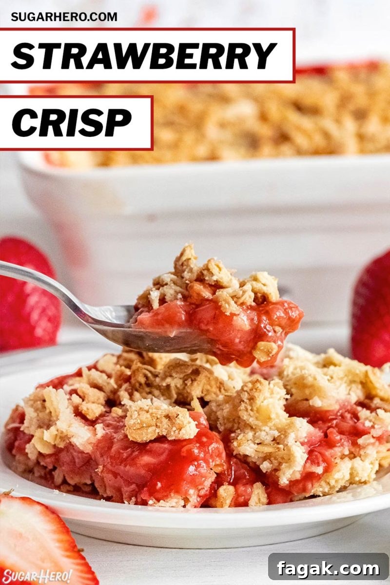 Strawberry Crisp picture with text overlay for Pinterest.