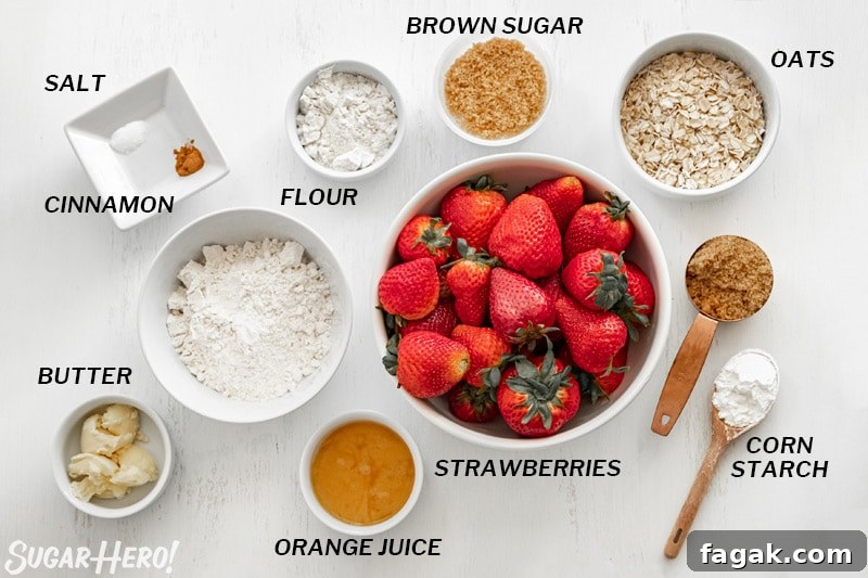 Overhead shot of the ingredients needed to make a strawberry crisp.