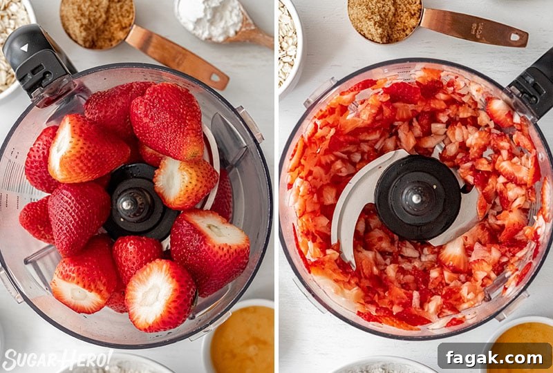 Two-photo collage showing how to puree strawberries for Strawberry Crisp.