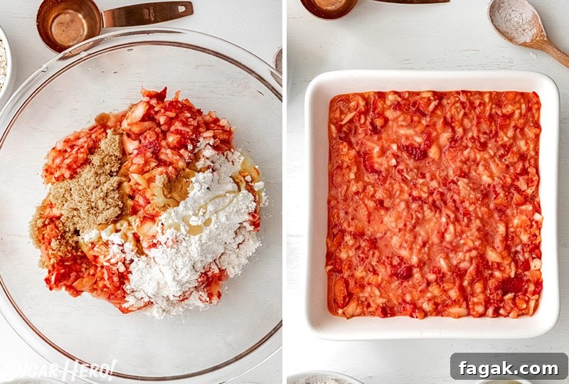 Two photo collage showing how to mix the filling for Strawberry Crisp.