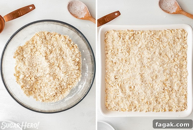 Two photo collage showing how to make the oat topping for Strawberry Crisp.