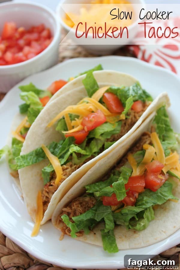 Slow Cooker Chicken Tacos - easy weeknight dinner idea. Loads of flavor.