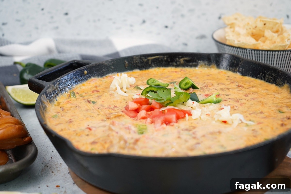 Smoked queso served in cast iron skillet with tomatoes and cilantro on top. Smoked queso served in cast iron skillet with tomatoes and cilantro on top.