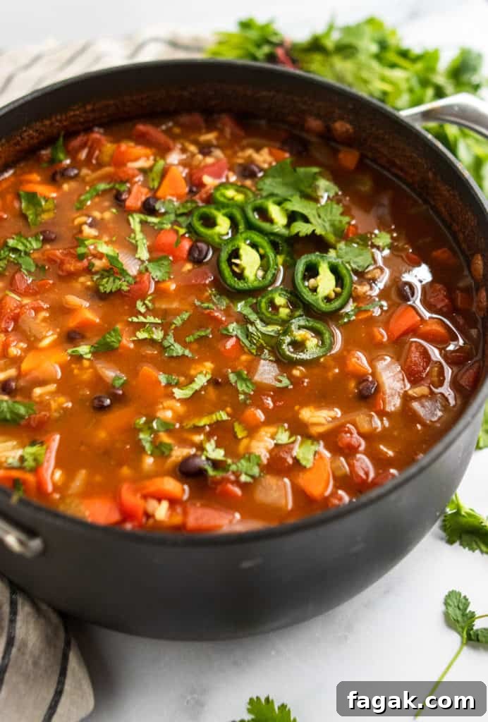 Pan of black bean rice soup.
