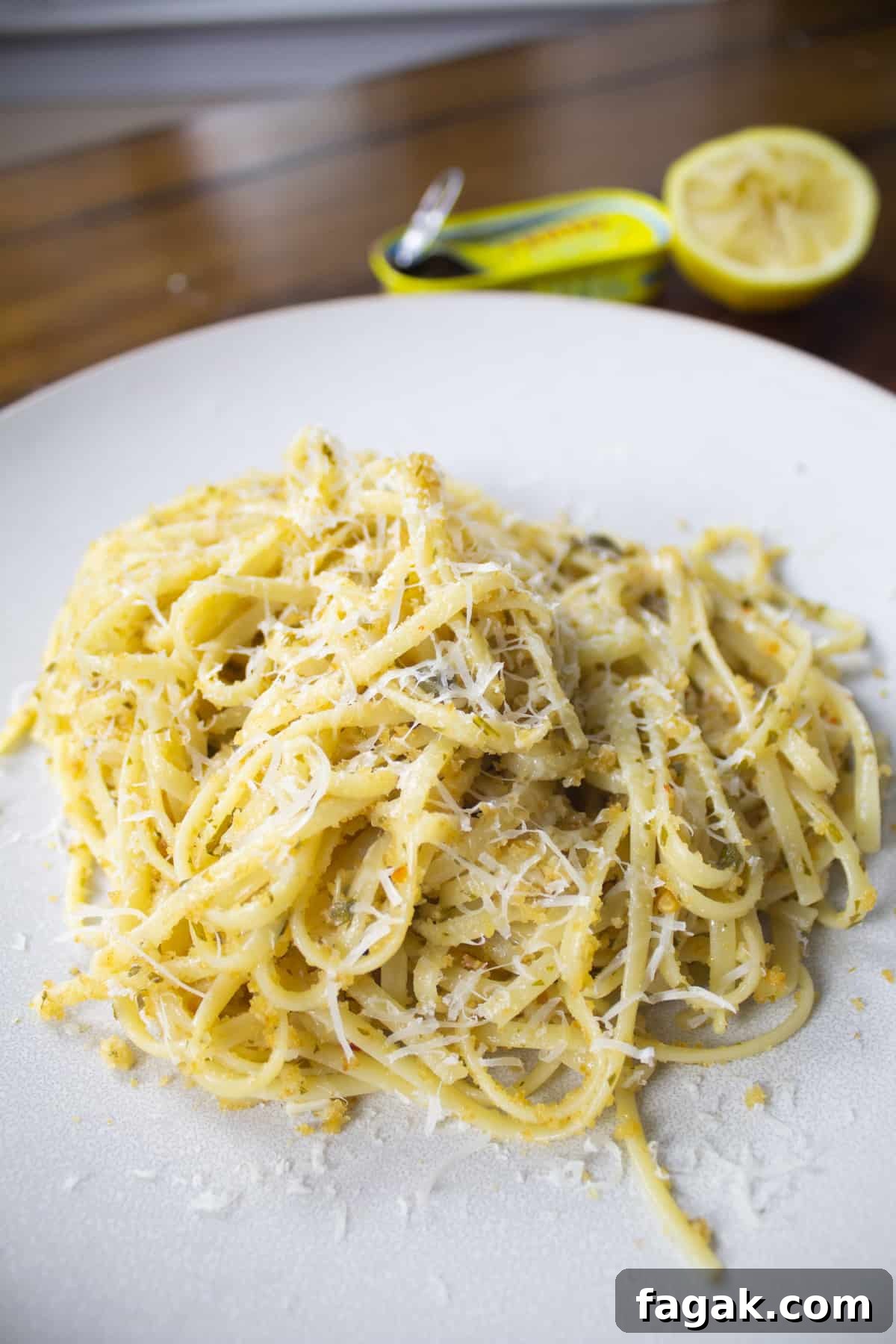 Close up of garlic anchovy pasta