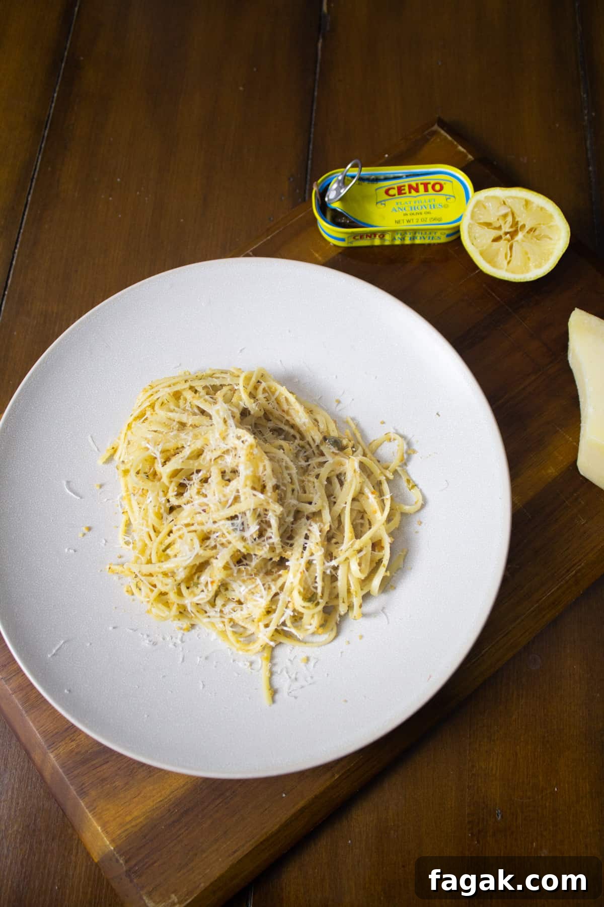 Lemon Garlic Anchovy Pasta plated to be served