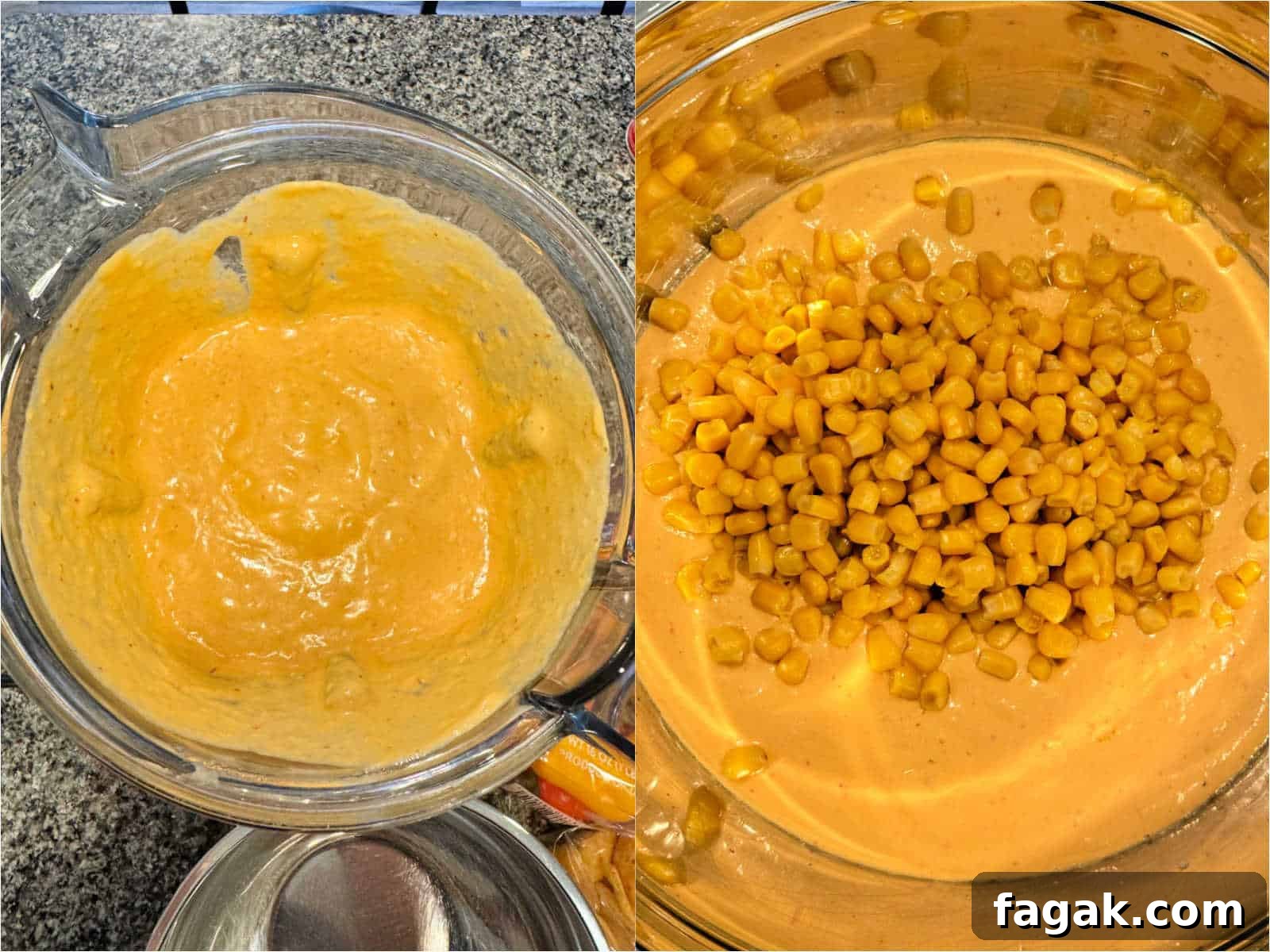 mixing the blended dip with the corn in a bowl
