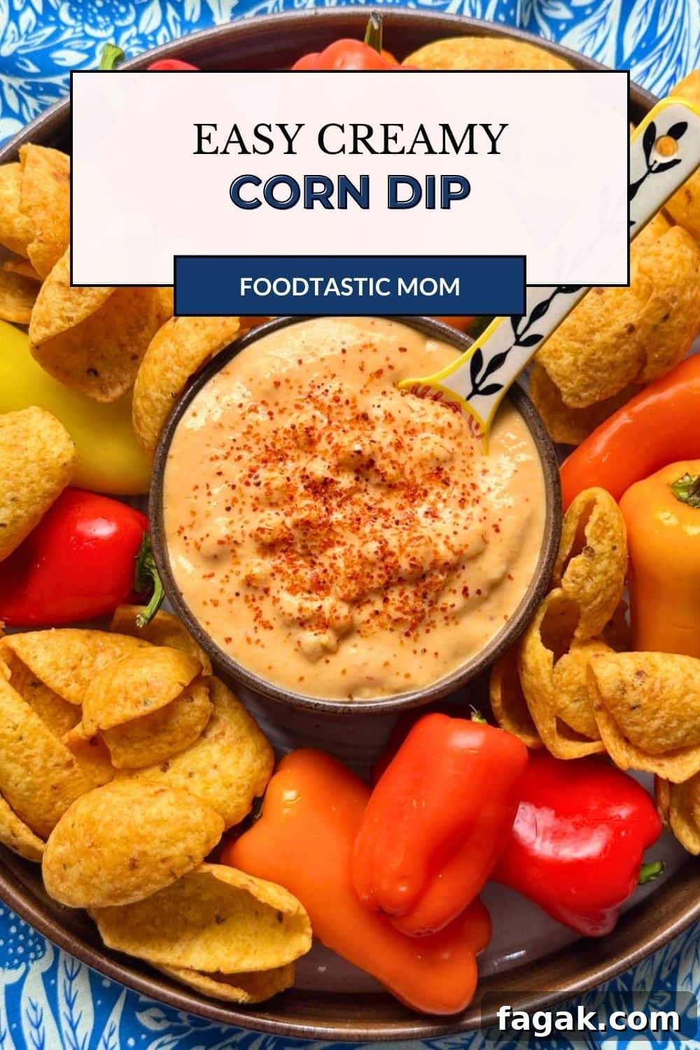My corn dip is a blend of corn, cheddar cheese, cottage cheese, chipotle chiles in adobo, lime juice, garlic and Tajín.