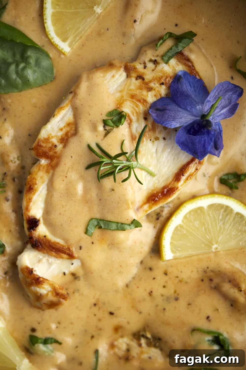 creamy parmesan chicken topped with fresh herbs and lemon