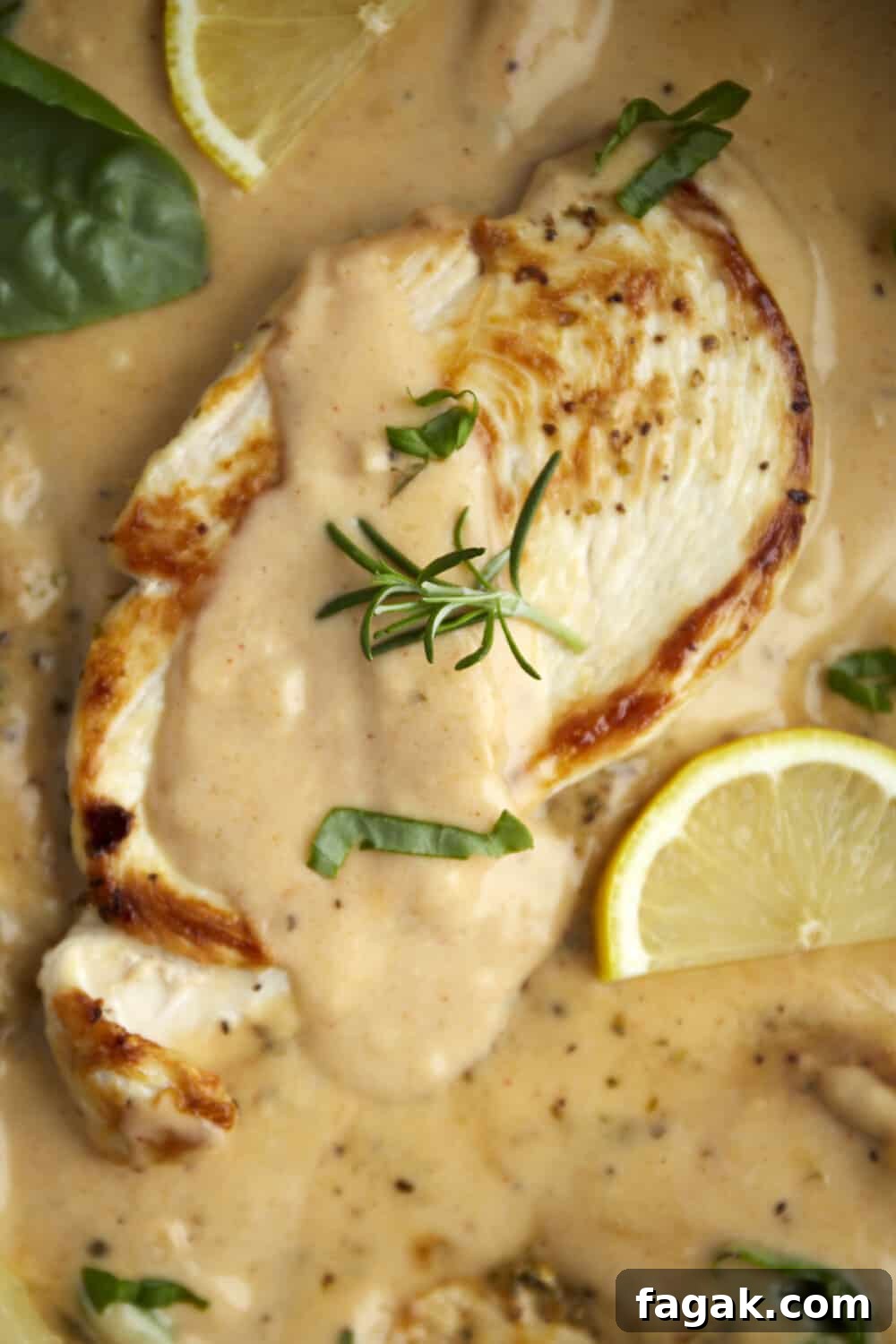 overhead image of creamy parmesan chicken in a skillet