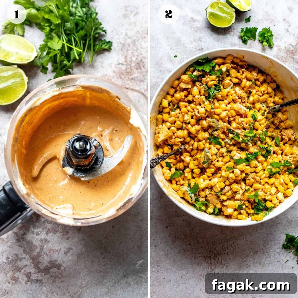 A collage of two photos. On the left is an image of the sauce in a food processor, and on the right is corn in a bowl.